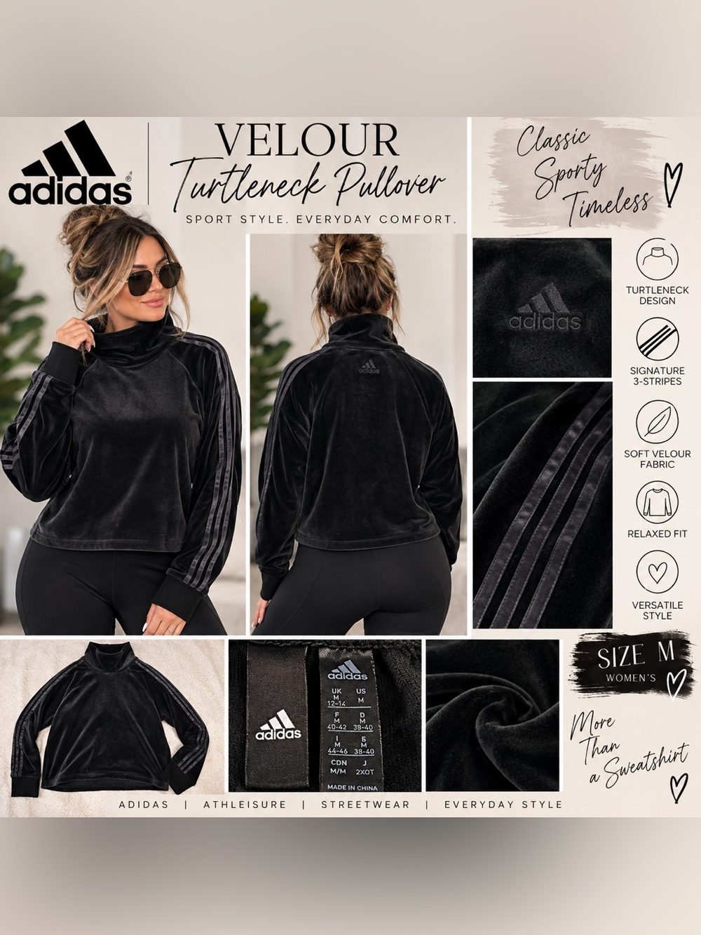 adidas Black Velour Turtleneck Pullover Jacket